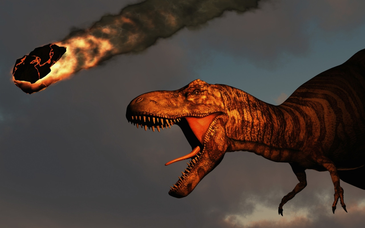 A vicious T-rex dinosaurs observing a falling asteroid. Poster